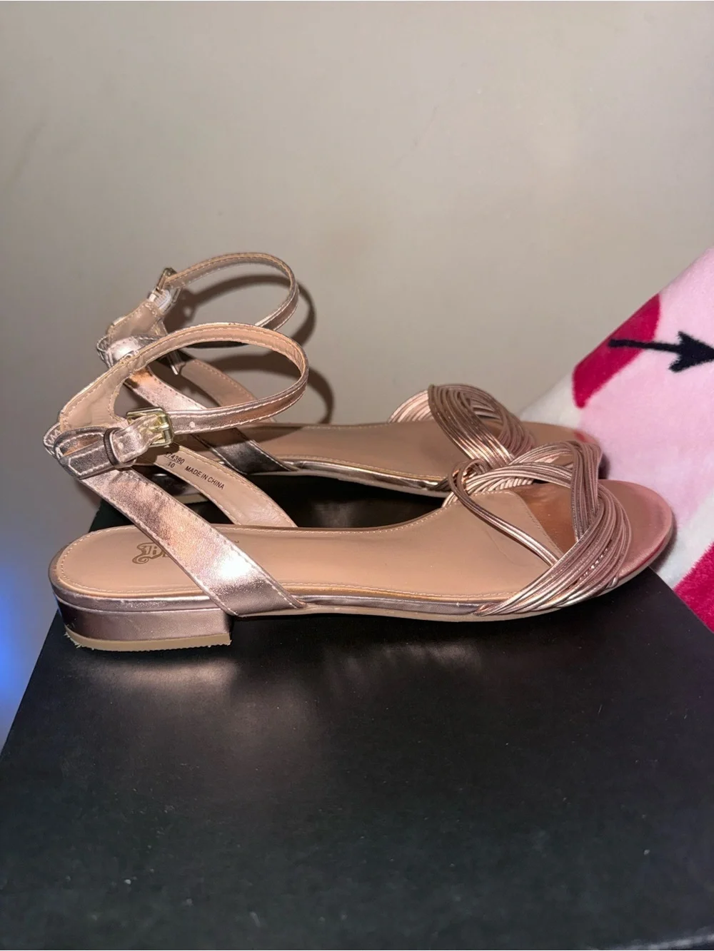 Metallic Rose Gold Strappy Flat Sandals, Size 11